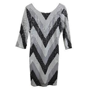 NWT Midnight Doll Sequin Mini Dress Juniors Medium Party Black White Chevron